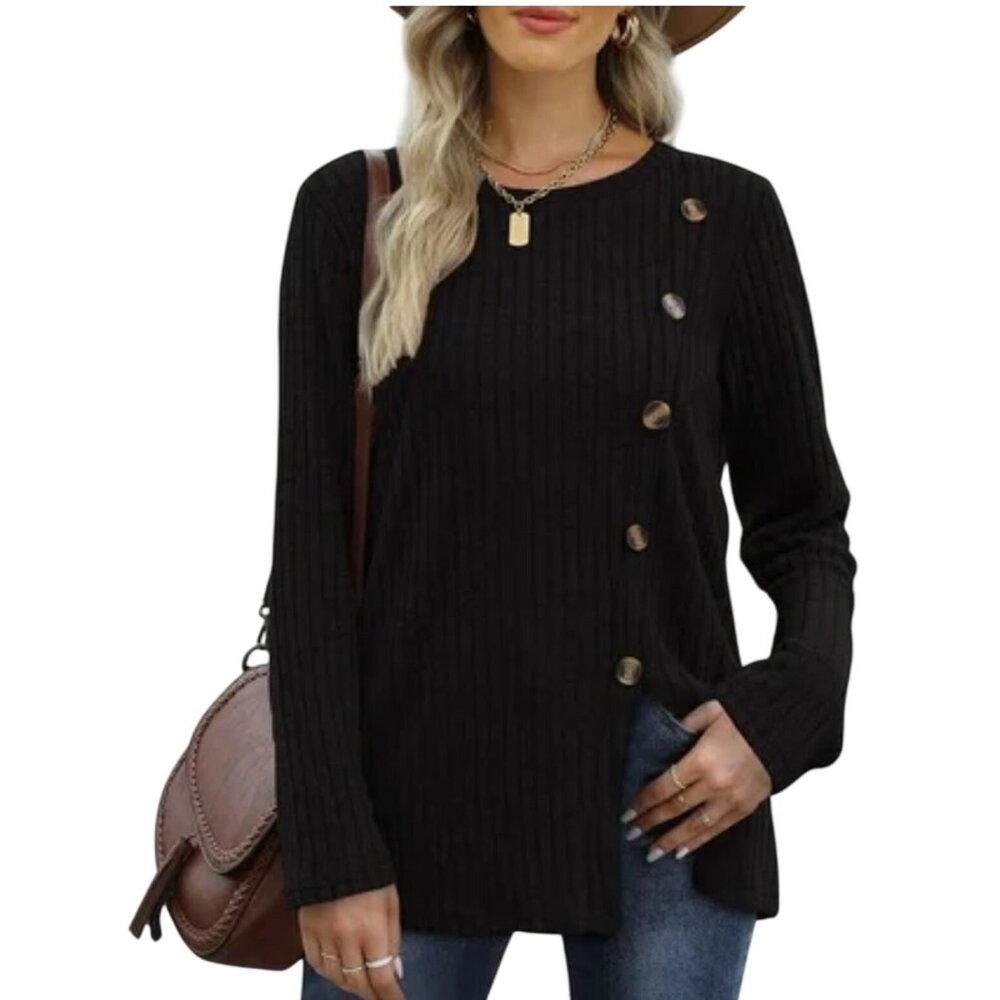 Black‎ Ribbed Asymmetrical Button Detail Long Sleeve Top Size L